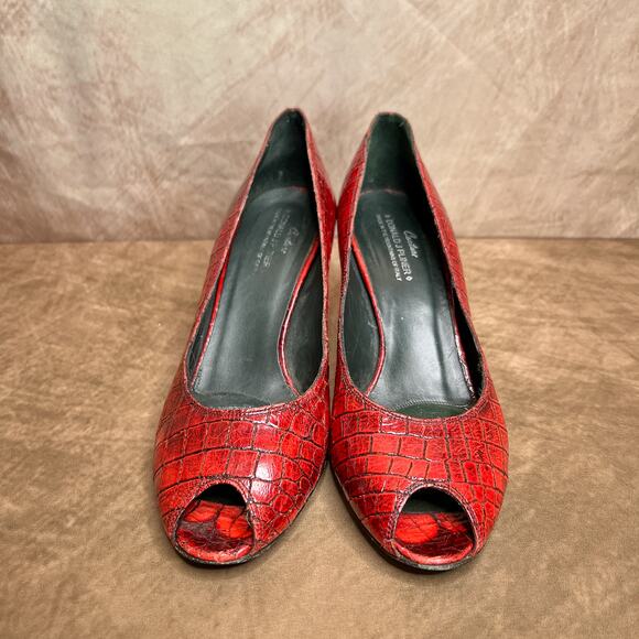 Donald J. Pliner Couture Tiff Red Leather Alligator Pumps Open Toe Stiletto - Picture 2 of 10